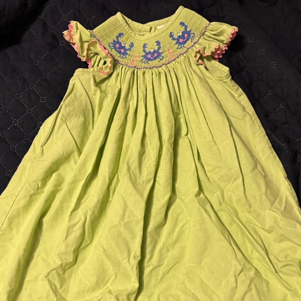 Charming Green Kids Dress with Smocked Crab Details